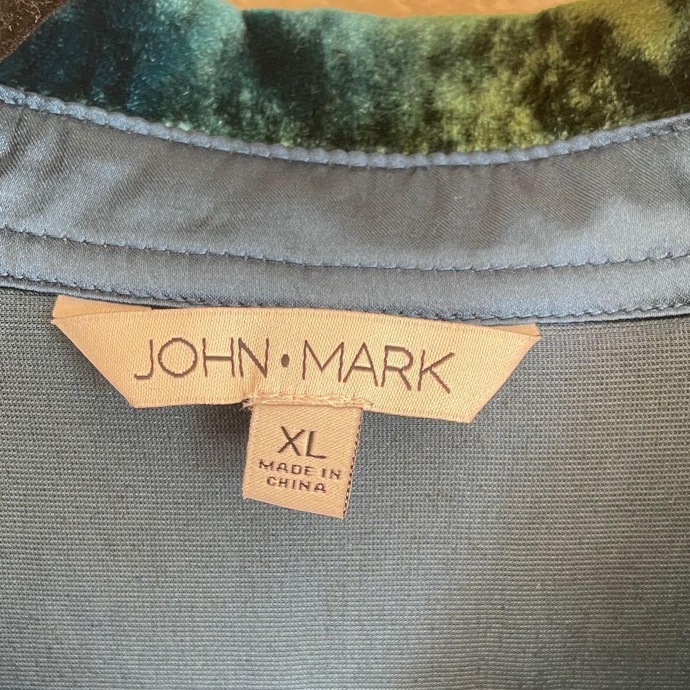 John Mark Velvet Button-Down Shirt XL in Blue & Dark Green Burnout Artsy Velour - Picture 2 of 10